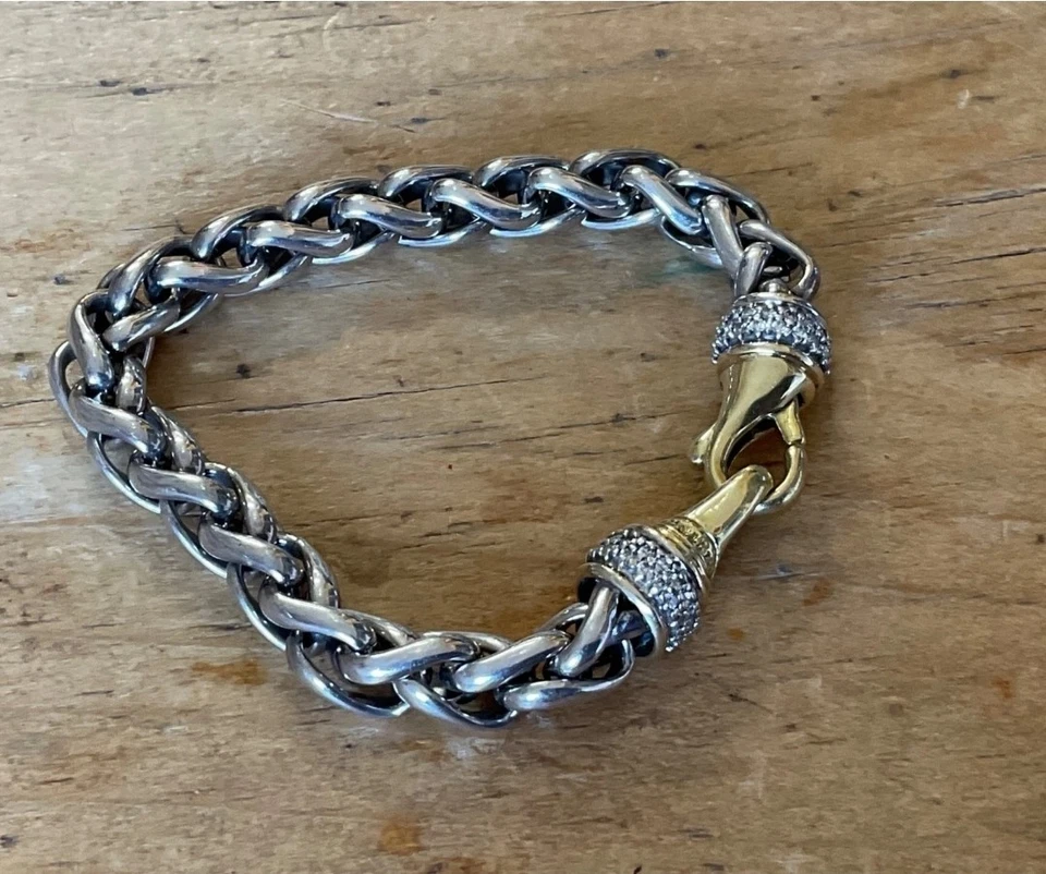 David Yurman 18K Yellow Gold Silver Pave Diamond 9mm Wheat Chain 7.5" Bracelet - Image 2 of 4