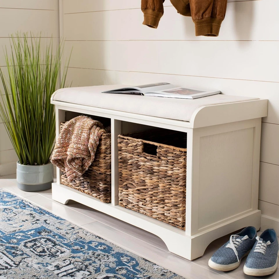 Elegante banco de almacenamiento vintage blanco con cómodo cojín para estilo de entrada Foto 4 de 4