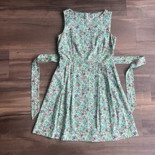 Anne Klein Sleeveless Floral Print Dress Tie Belt Pockets Pleated Front Green 10