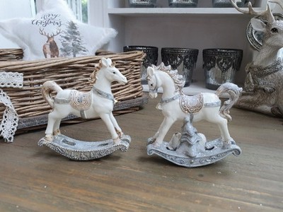 CLAYRE & EEF Deko Tier Figur 2er Set SCHAUKELPFERDE weiß Poly Weihnachten Shabby