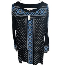 LOFT Black Blue Geometric Floral Print Long Sleeve Dress Size Medium