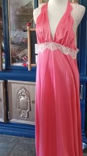 Vintage Lingerie Gilead Coral Halter Nightgown Full Length Sweep Lace M 38