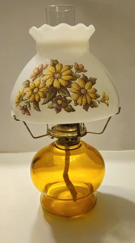 Vintage Milk Glass Oil Lamp Burner Transfer Flowers 15'' Inches