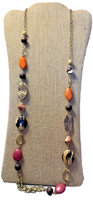 Carol Dauplaise Gold Tone Beaded Chain Necklace  Boho 40'' Long Brown Orange NWT