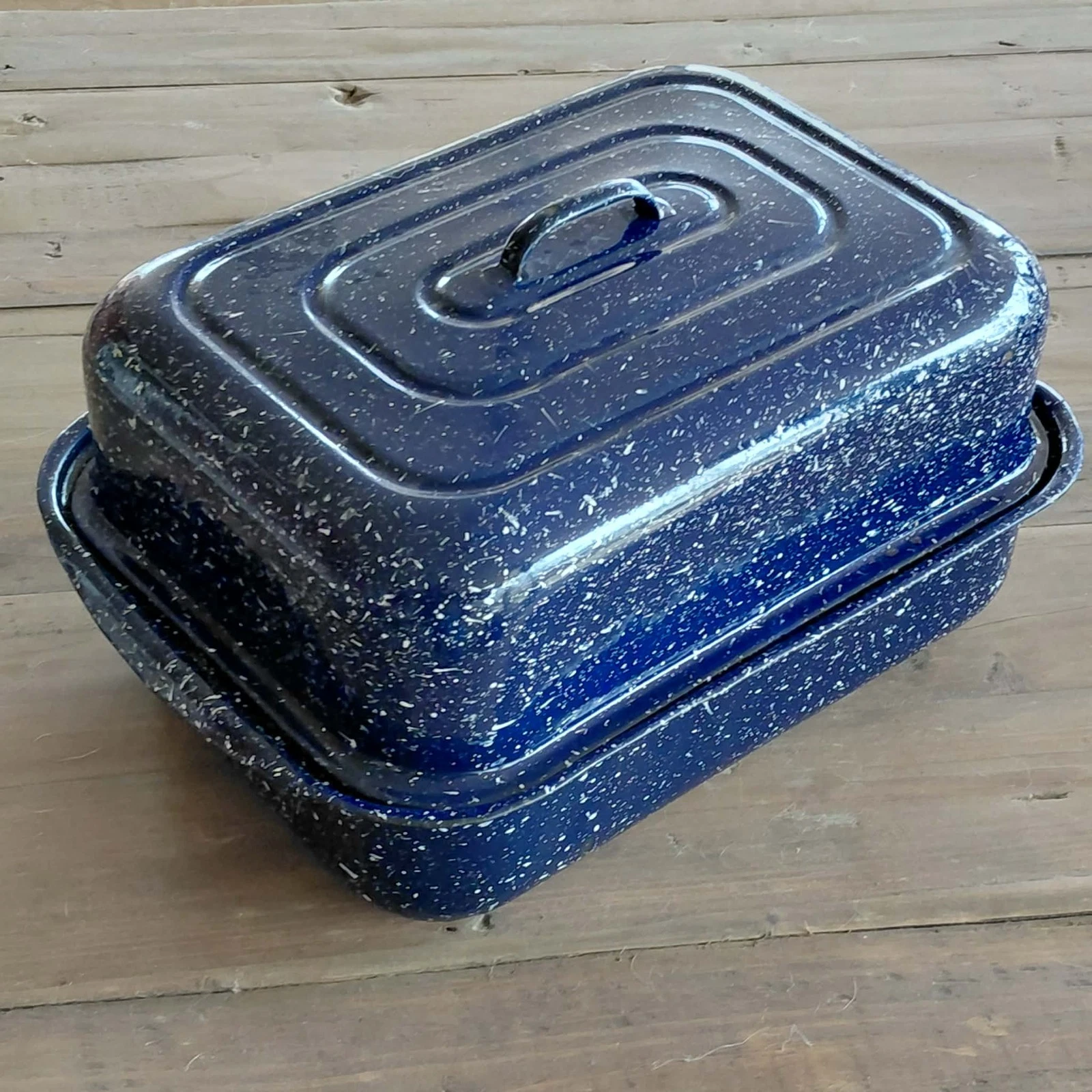 Vintage Blue Speckled Enamel Roasting Pan w/ Lid Large Camp Farmhouse