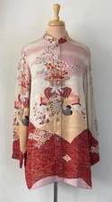 Citron Size M Vase & Floral Pink/Ivory/Orange/Black 100% Silk Tunic Top