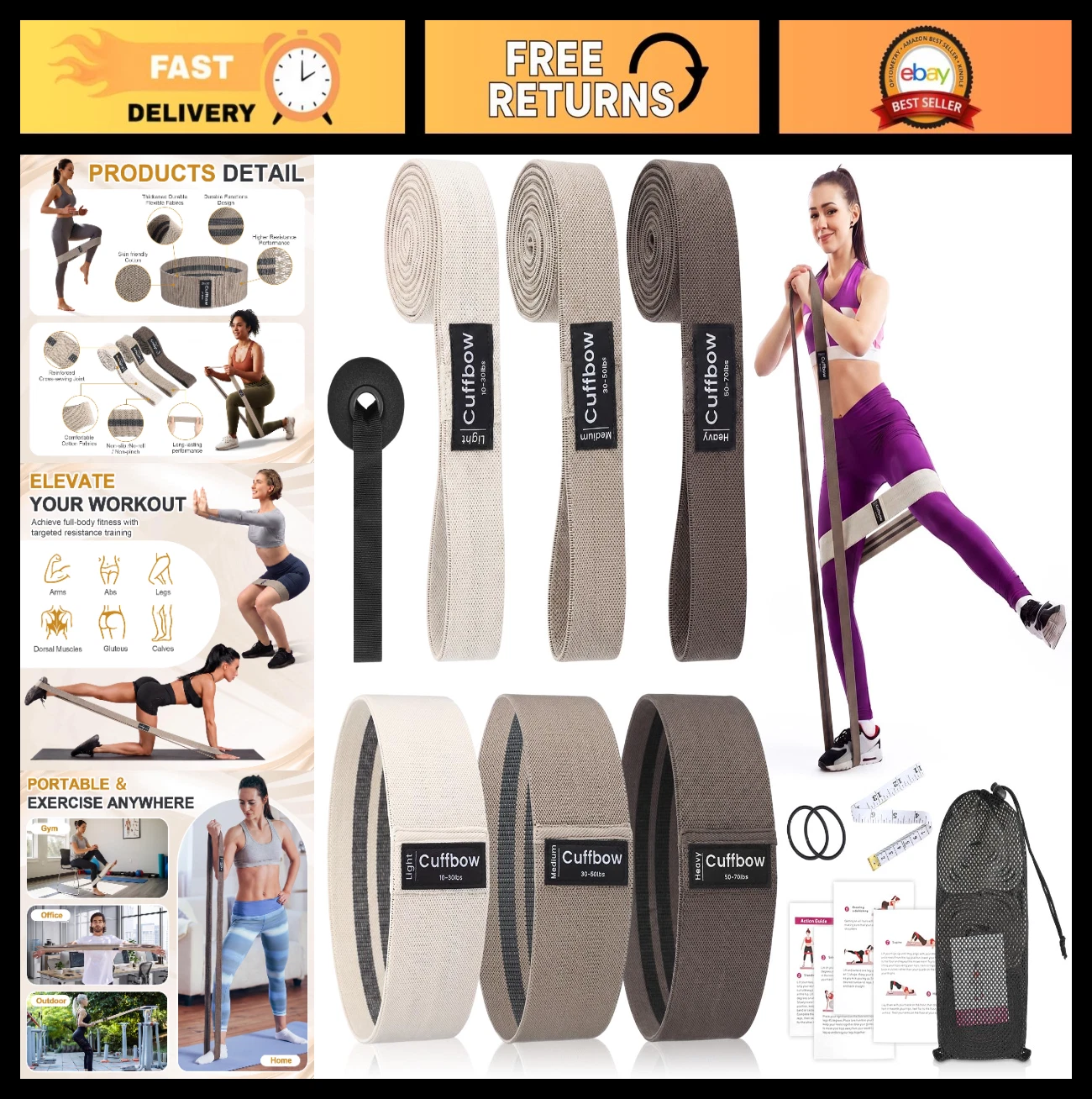 6 Pcs Non-Slip Fabric Resistance Bands for Home Workout, Fitness & Pilates - 3 L