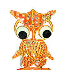 Orange Metal Pierced Earring Jewelry Holder Owl Vanity 5 1/4" Tall Vintage Fall