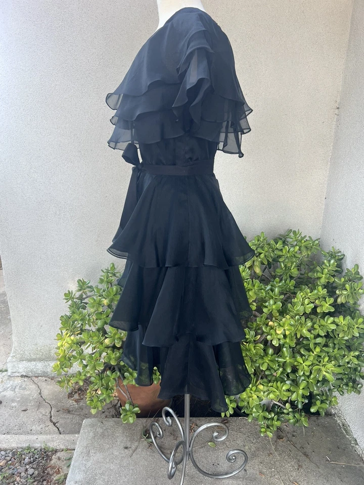 Vestido de Gasa Negro De Colección Cóctel Midi En Niveles Talla 8 Jill Richards Foto 4 de 4