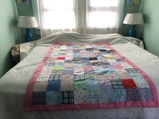 MCM Homemade Patchwork Quilt Blanket Bedspread Colorful Farmhouse 69  L 42 1/2 W