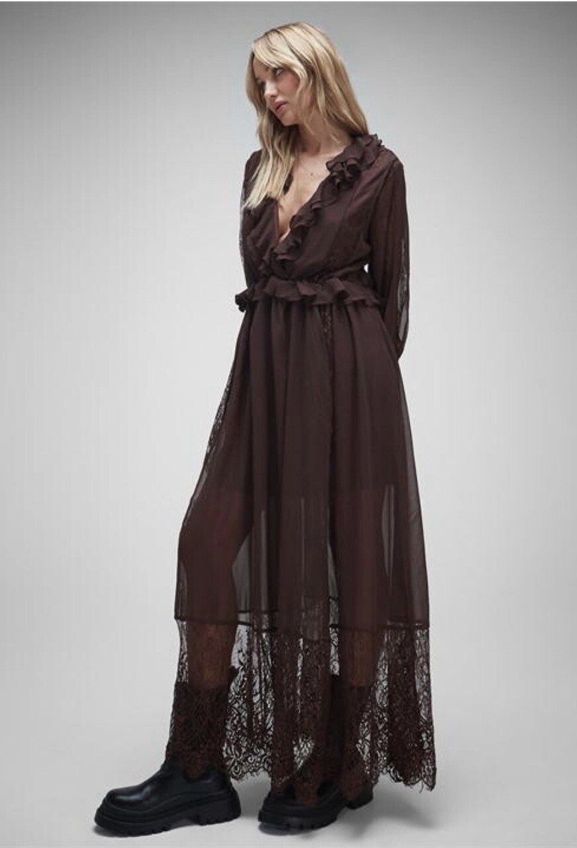 Missguided Brown v neck maxi dress Lace Frills Party Size 10 BNWT