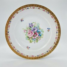 Piatto antico piano in porcellana Bavaria decorato con Fiori Rose Firmato