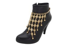 Women Boot Gold Metal Chain Multi Bells Bracelet Ethnic Western Bling Shoe Charm