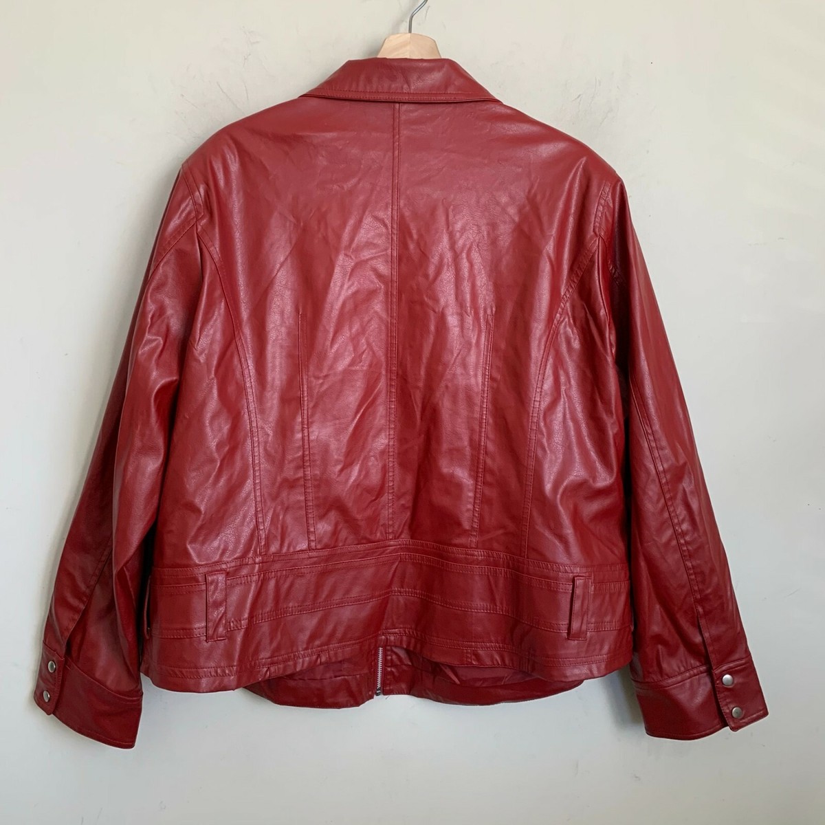 CATO Woman Moto Jacket Red Faux Leather Collared Zip Pockets Lined