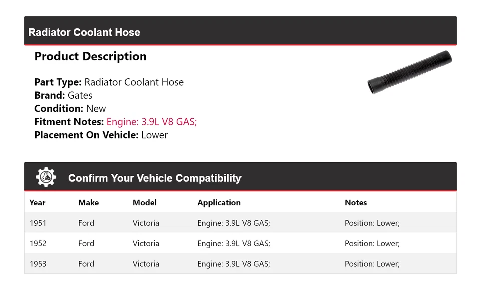Manguera de refrigerante de radiador de gas V8 de 3,9 L para Ford Victoria 1951-1953 puertas inferiores 1952 Foto 2 de 4