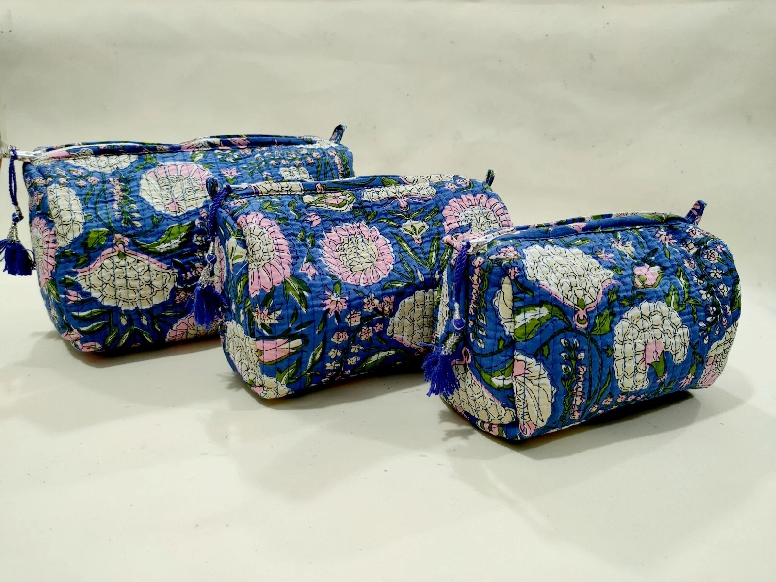 Indian Blue Floral Quilted Toiletry Bag Cotton Unisex Makeup Bags 3 Pcs Set US