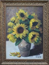 Sunflowers Oil Painting Decorative Framed Signed Miro. Large