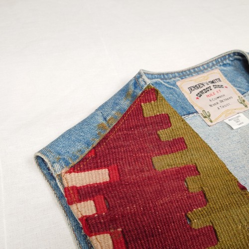 Vintage Jensen & Smith Cowboy Code Sz L Denim Tapestry Vest Southwestern Kilim - Picture 6 of 11