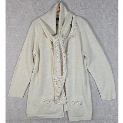 Susan Graver Style Women's Cream Sequin Metallic Knit Cardigan Scarf Set Medium