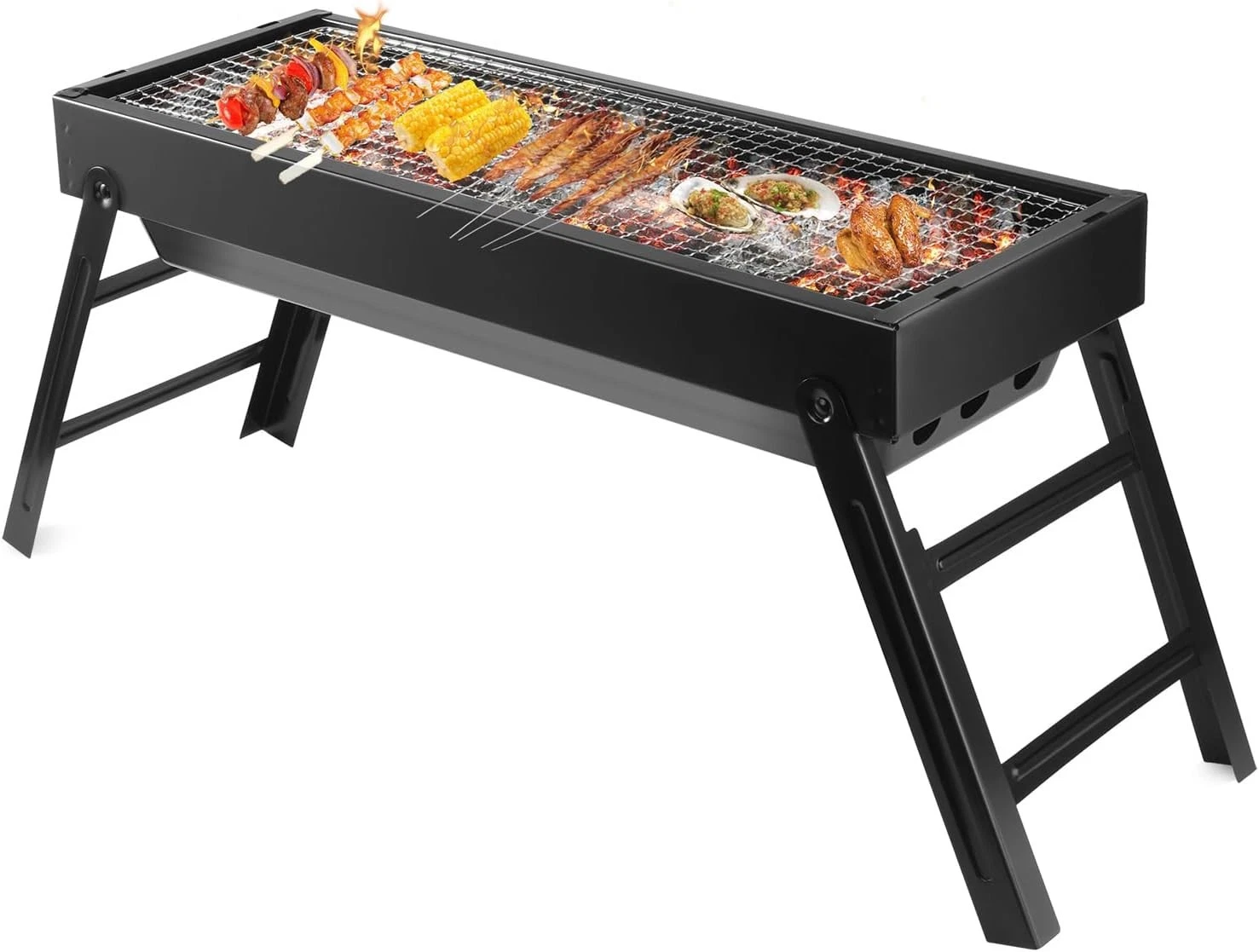 Black Portable Folding Charcoal BBQ Grill Stainless Steel Tabletop Smoker