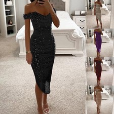 Women Party Wear Off Shoulder Sequined Evening Dress Prom Gown Sleeveless