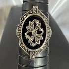Vintage Black Onyx Marcasite Ring Sterling Silver Size 7.25 Oval Statement 7.8g