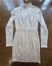 PrettyLittleThing Nude Lace Bodycon Mini Dress High Neck Long Sleeve UK 6