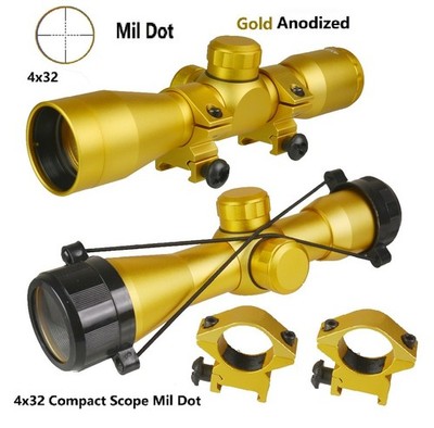 Gold Color 4X32 Compact Scope,MIL-DOT Reticle, Weaver Rail Ring Mount for Airgun
