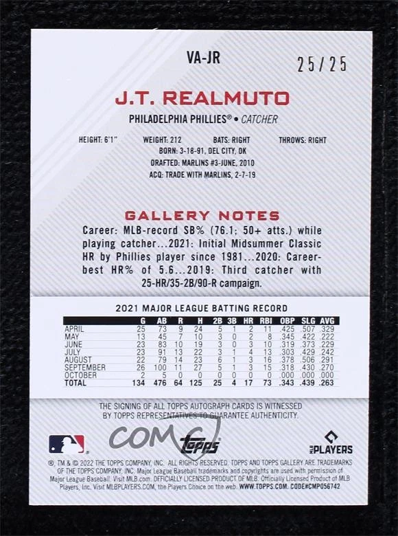 2022 Topps Gallery Veterans Auto Orange /25 JT Realmuto #VA-JR Auto - Image 2 of 2