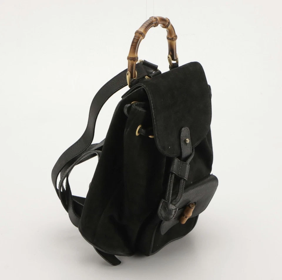 Mochila Gucci Negra Gamuza y Cuero Mango de Bambú Dos Vías Pequeña Foto 2 de 4