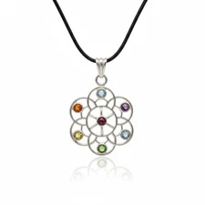 Chakra Gemstone Pendant Necklace Silver Tone Flower of Life Cord