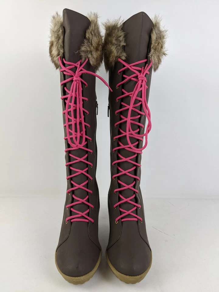Colin Stuart Faux Fur Wedge Heel Womens Size 10B Brown Knee High Pink Laces - Image 4 of 4