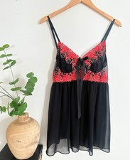 Vintage Cinema Etoile Size Large Black Red Embroidery Chemise Chiffon Lingerie