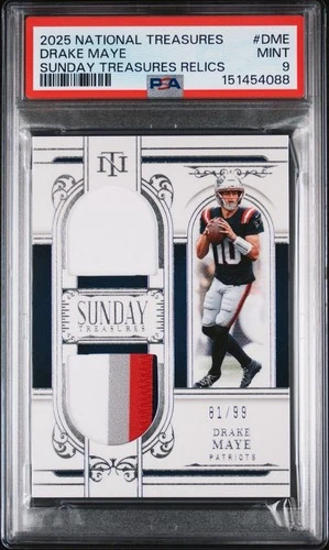 2025 National Treasures Drake Maye Sunday Treasures Relics /99 PSA 9