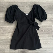 Abercrombie & Fitch Puff Sleeve Wrap Mini Dress XS Black Linen Cottagecore Boho