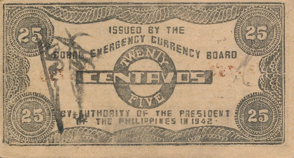 Moneda Japón Filipinas Emergencia 1942 Segunda Guerra Mundial Billete 25 Centavos Circulado Pobre Foto 2 de 2