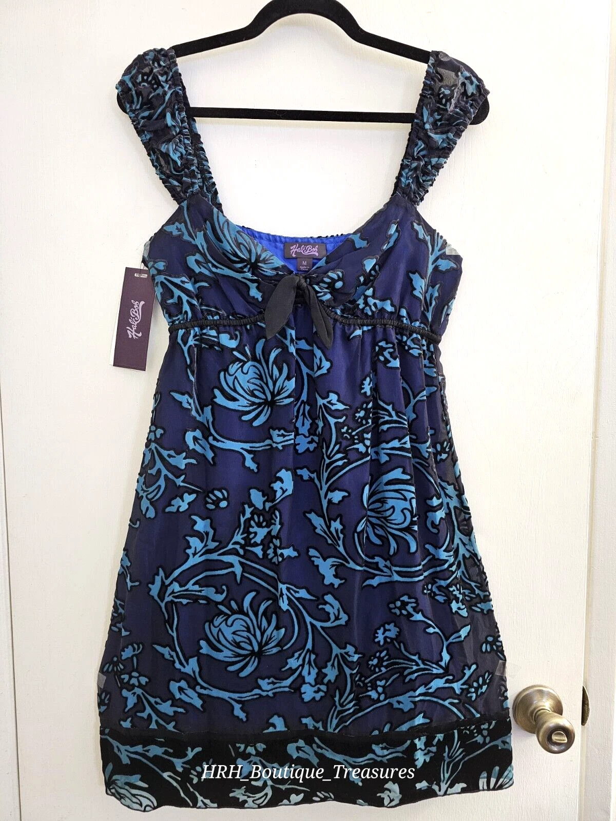 PALM ANGELS Vintage HALE BOB seta velluto baby doll foderato tubino vestito taglia M blu MRSP $228 nuovo con etichette