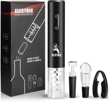 Divino Black Electric Wine Opener Set with Foil Cutter, Vacuum Stopper & Aerator