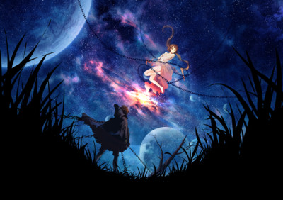 Anime chains hoods sky long hair brown eyes planet Playmat Gaming Mat