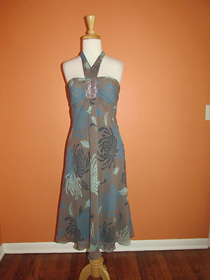 New Max and Cleo Size 8 Mocha Brown Silk Floral Burst Sequin Halter Dress |  eBay