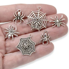 6Pc Creepy Spider Charm Set - Silver Spider & Web Pendants - Halloween Jewelry