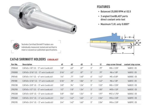 Techniks CAT40 Shrinkfit CoolBlast 3/4" End Mill Holder LAG 4" 29036B - Picture 2 of 2