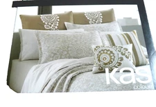 Kas TRINITY Embroidered Floral Scroll Euro Pillow Sham Faux Silk Beige Taupe