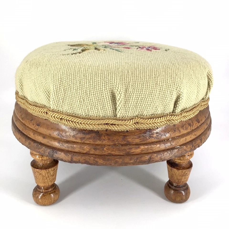 Wool Needlepoint Footstool Wood Base Legs Round Tan Floral Vintage - Image 3 of 4