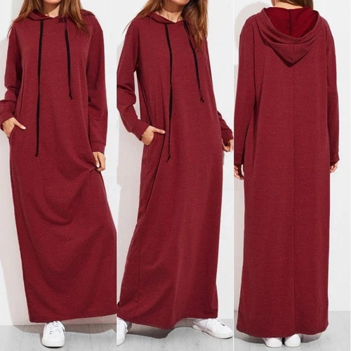 Damen Frauen Langarm Kapuzen Hoodie Sweatshirt Winter Herbst Maxikleid Party - Bild 6 von 13