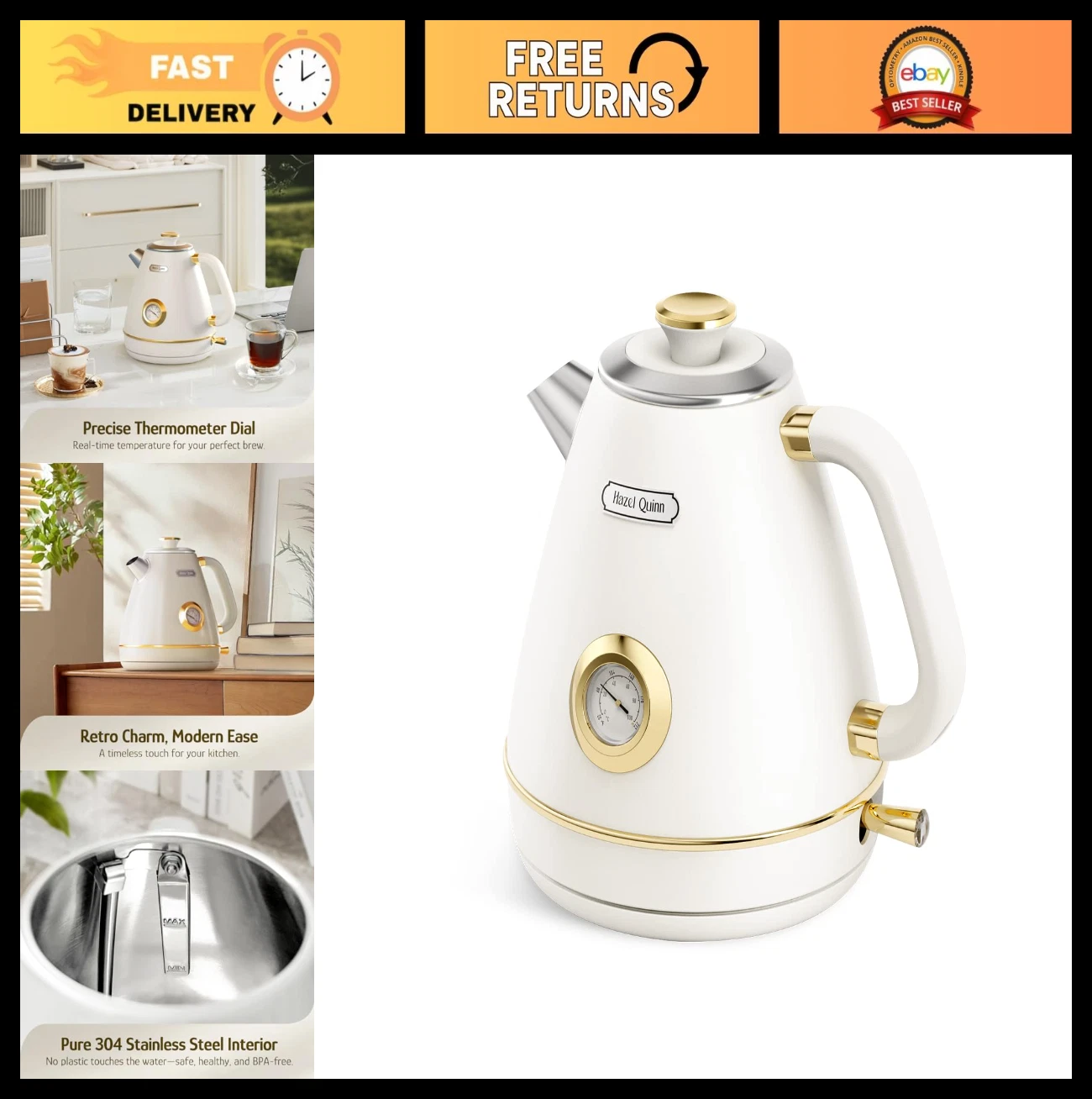 Retro Electric Kettle 1.7L Stainless Steel Tea Kettle with Thermometer, Cordless