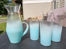 Vintage Blendo Pitcher 3 Glasses Tumbler Set Blue Turquoise Barware MCM Aqua