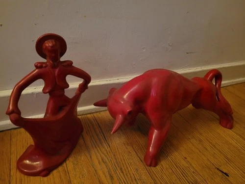 Vintage MCM Royal Haeger Pottery Large Red Bull + Matador Figurine Statue Pair