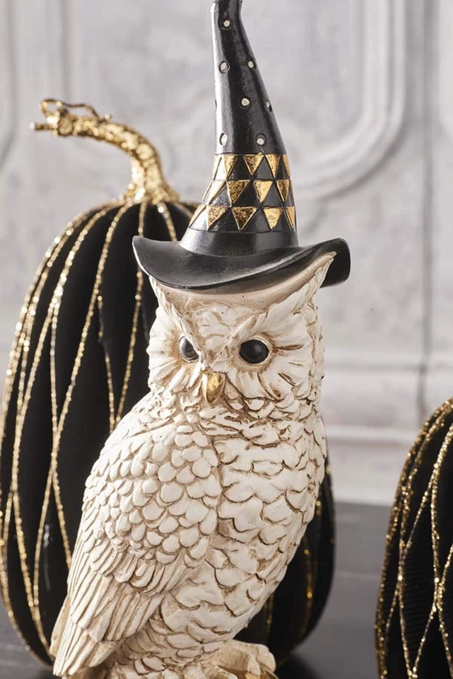 41099A Búho de 14 pulgadas con sombrero de bruja en linterna Jack O dorada, blanco y negro Foto 2 de 4