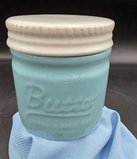 Dowan Ceramic French Butter Bell Keeper Crock Mason Jar Blue & White Embossed